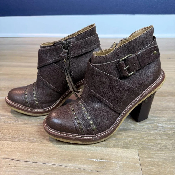 Schuler & Sons Anthropologie Brown Leather Studded Heeled Ankle Boots, Sz 7 - Picture 1 of 7